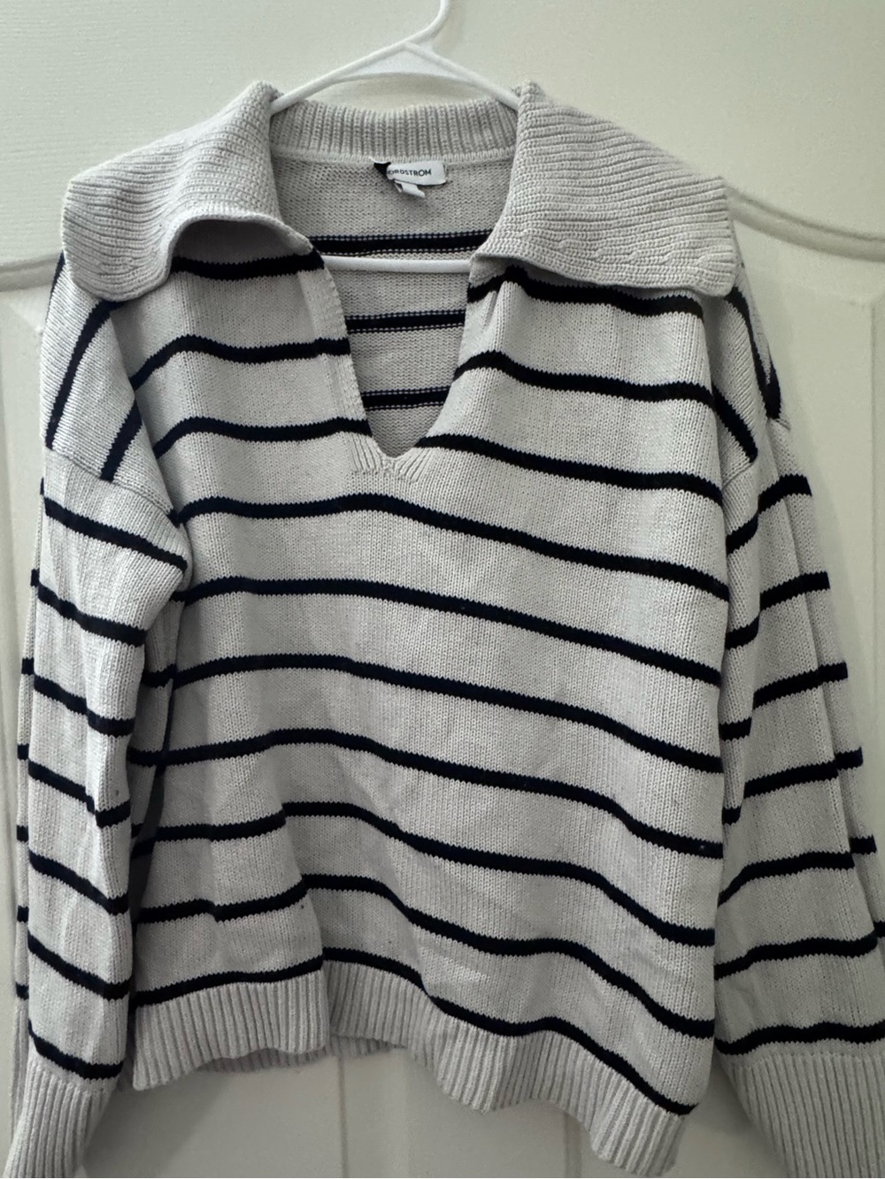 Nordstrom Cream and Black Striped V-Neck Sweater